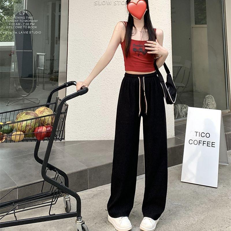 Spring New Double Drawstring Corduroy Wide-leg Pants High Waist Drape Straight Pants Loose Casual Pants Women