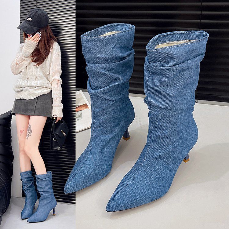 2025 Autumn and Winter New Pointed Middle Tube Pleated Piled Boots Women's Fashion Versatile Comfortable Stiletto Martin Boots Children