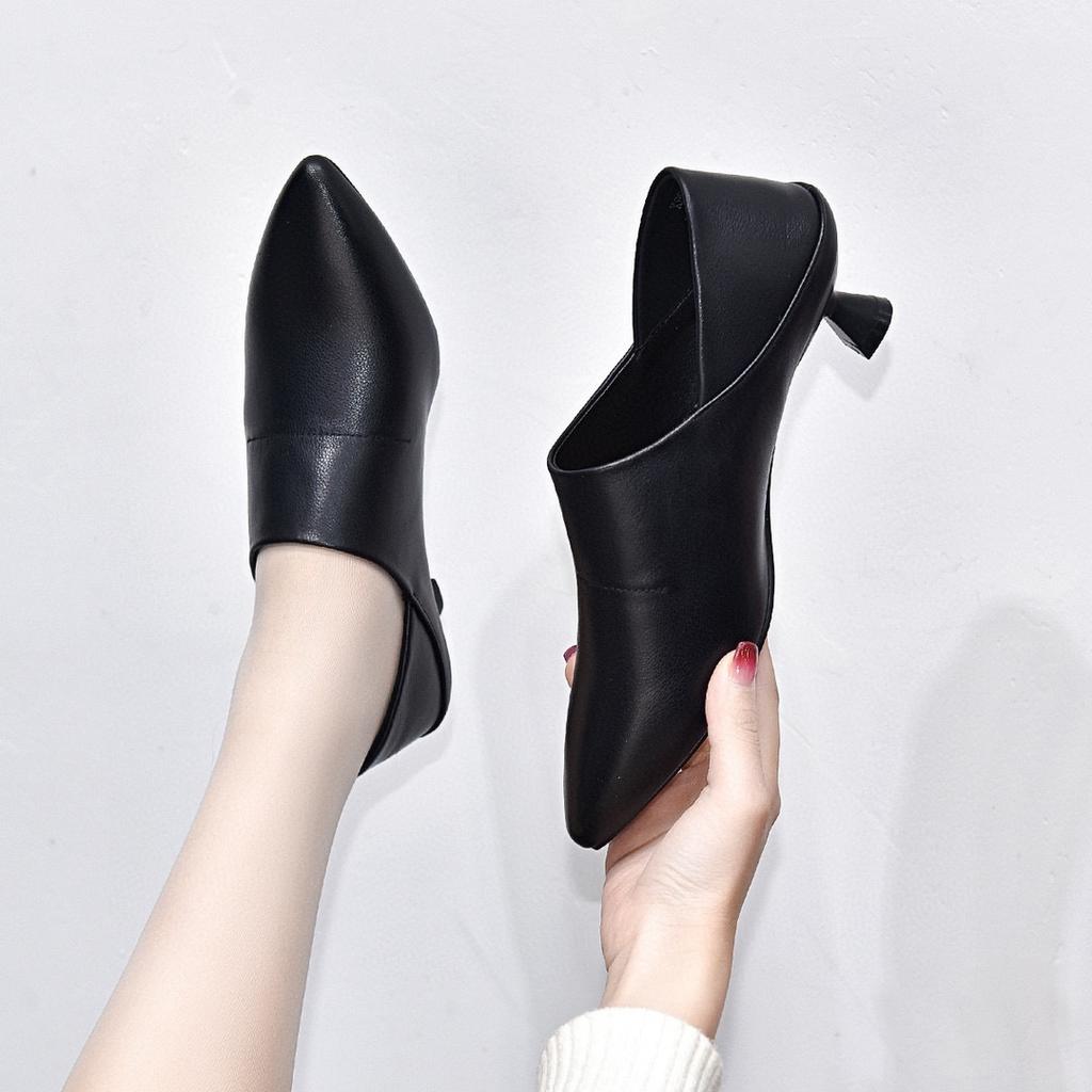 Pointed High Heels Women's Shoes 2025 Spring New European and American Style First Layer Cowhide Deep Mouth Fashion Shoes Thin Heel Two Shoes