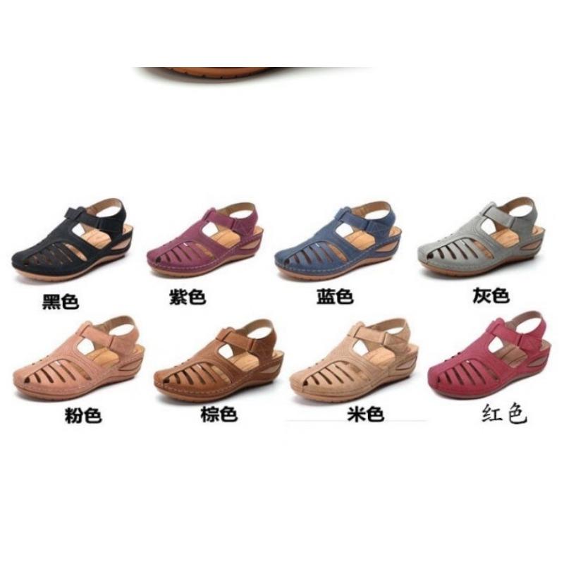 20 summer new retro women's sandals, thread hole shoes, anti-slip large size round toe wedge comfortable sandals women