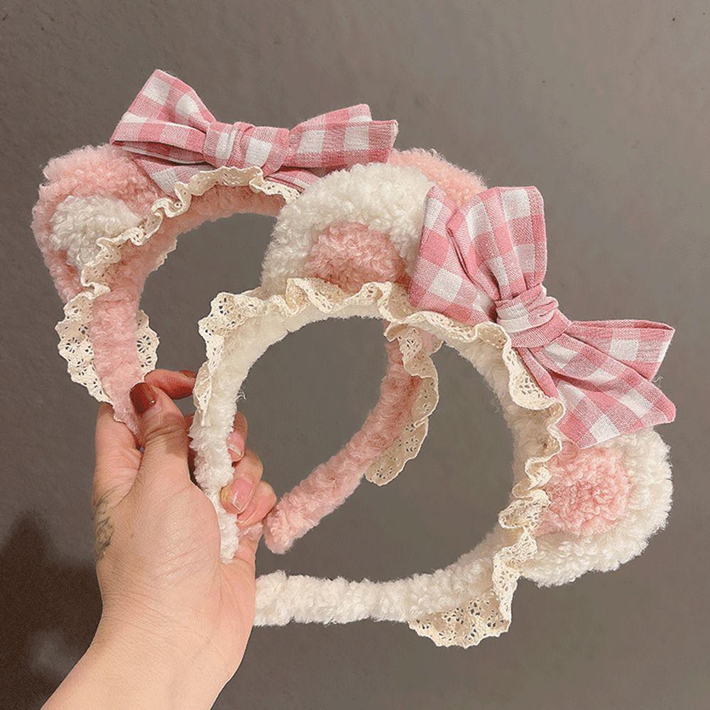 Hoop Wash Face Plush Girls Plaid Bow Cat Ears Lace Hair Band Korea Style Headband Women Accessories