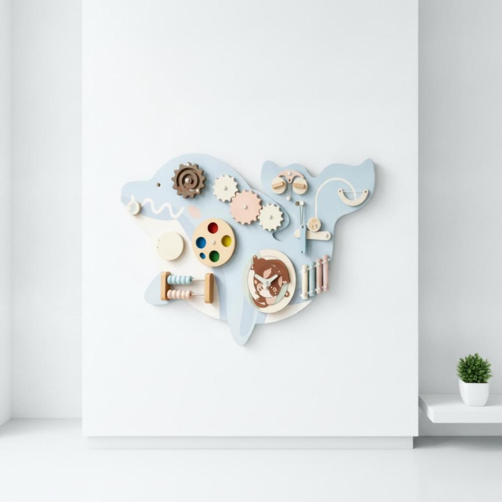 Dolphin Wall Board Light Blue and White Wooden Activity Panel Bead Maze