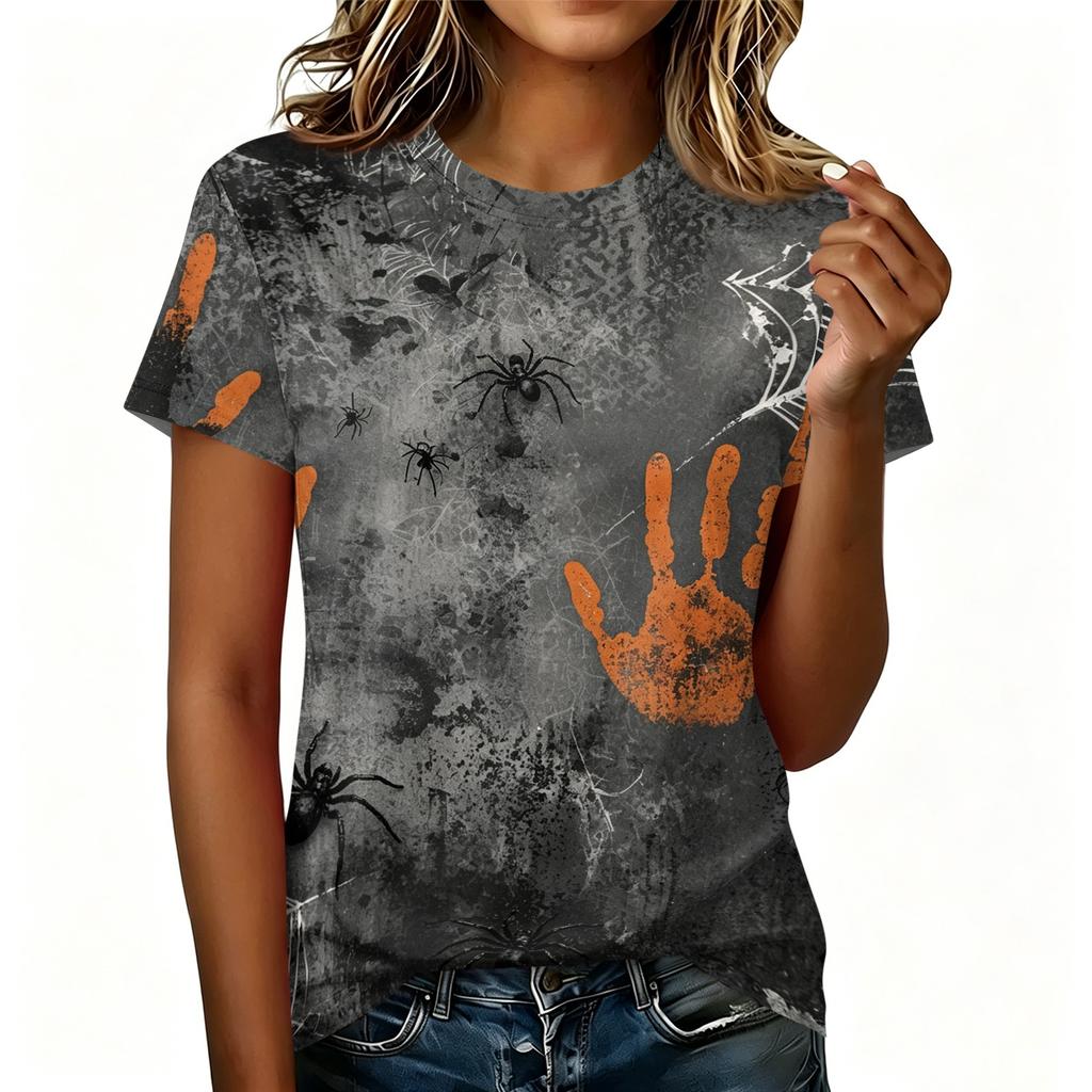 Women's Casual Pullover Short Sleeve T Shirt Halloween Graphic Print Round Neck Top Lightweight Comfortable Fit