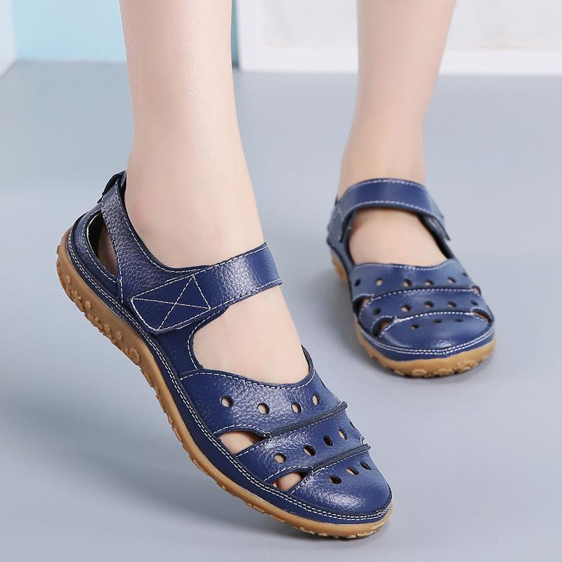 

Women Breathable Leather Sandals Summer Soft Stitching Ladies Sandals Comfortable Flat Closed Toe Beach Shoes Casual Roman Shoes 35 синій