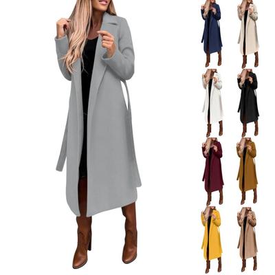 Elegant Women Winter Woolen Coat Long Lapel Trench Jacket Solid Color Work Tie Long Coat