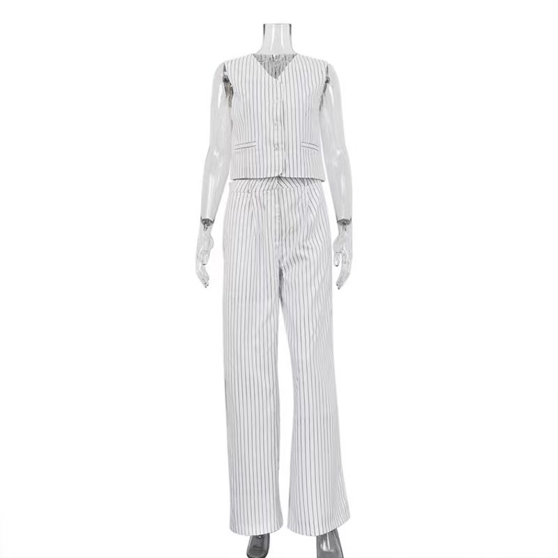

European and American New Stripe Vest Vest Trousers Casual Two-piece Set Striped Vest and Pants Set White Stripes L