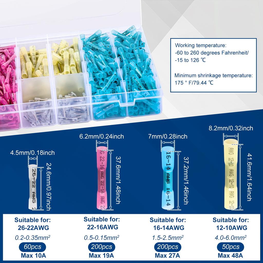 200/510PCS Boxed Waterproof Heat Shrink Butt Wire Connectors Waterproof Insulated Automobile Marine Wire Cable Crimp Terminals