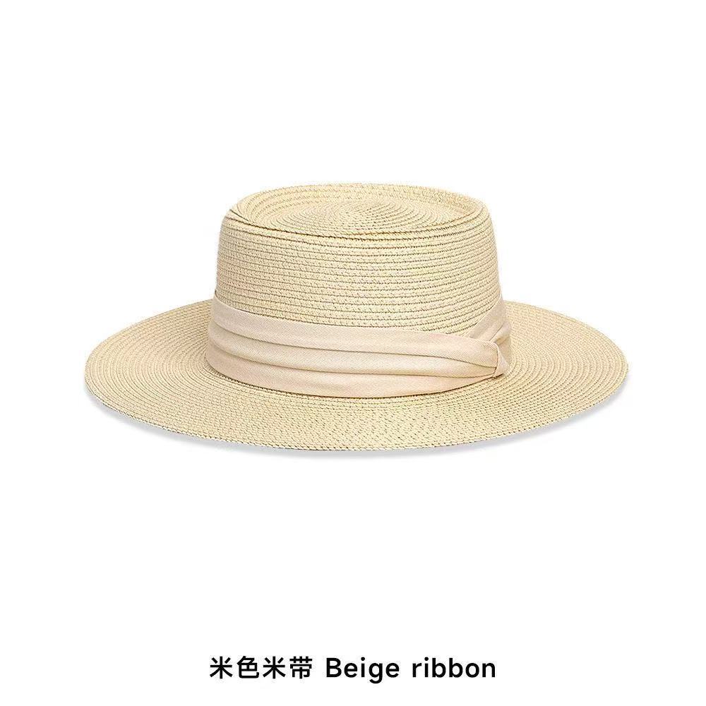 Flat-top straw hat women's straw top hat, new summer big-brimmed sun hat, seaside vacation sun hat