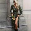 Autumn Floral Print Women's Dress V-Neck Waist Split Long Sleeve Skinny Medium and Long Skirt