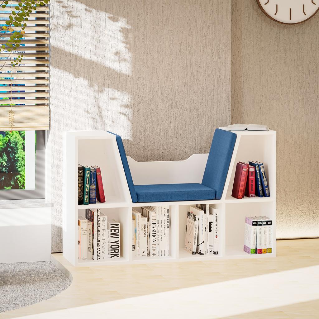 2-in-1 Bookcase Bench with Seat Cushions, Cube Shelf 6 Open Compartments and 2 Levels, Storage Furniture, 102 x 30 x 61 cm, Blue