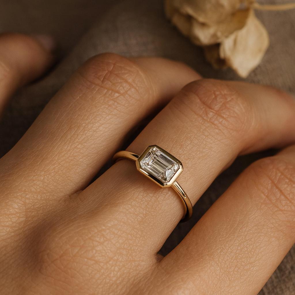 Wedding Engagement Anniversary Promise Gift – Emerald Cut Cubic Zirconia Ring, Yellow Gold Plated Baguette Hidden Halo Diamond Style Jewelry