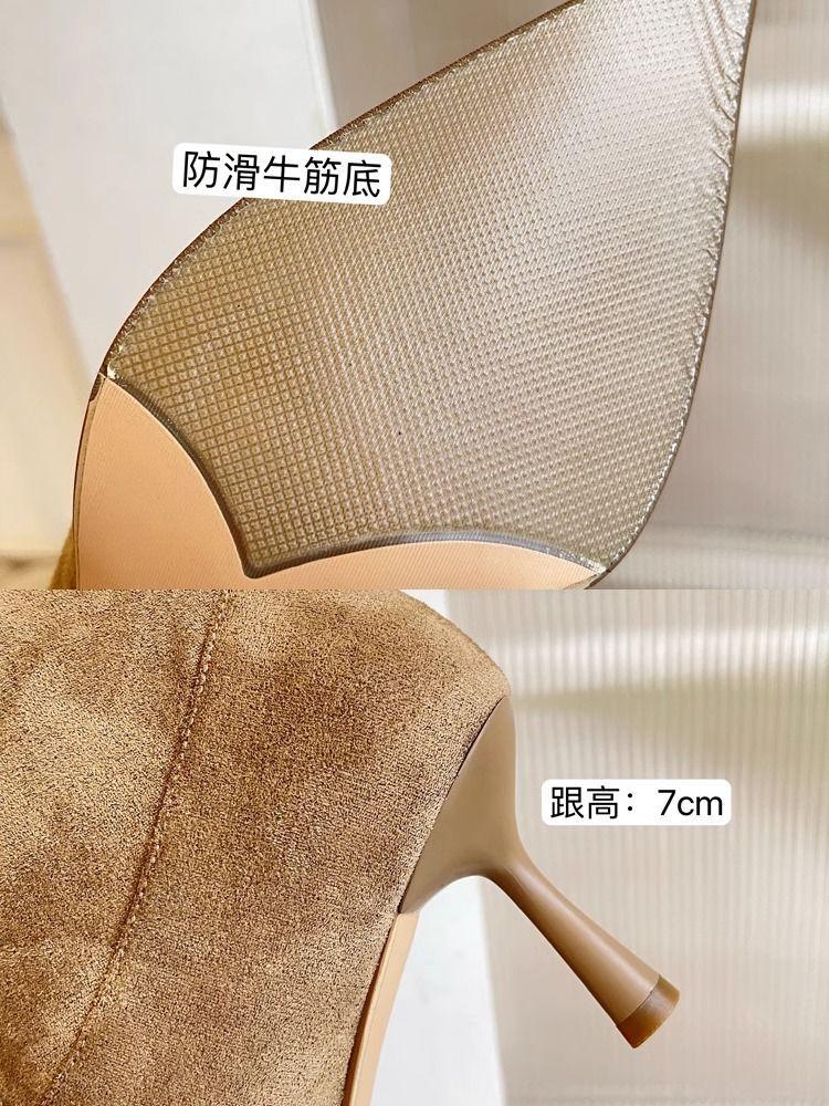 Big Tube Women's Boots Skinny Pointed Pile Boots Apricot Large Size Boots Thin Heel High Boots High Heel Knee Boots