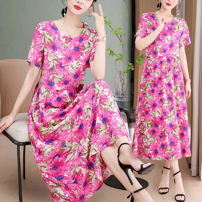 Elegant Long Dresses Women Summer Casual Short Sleeve Vintage Dress Korean Style O-Neck Female Clothing