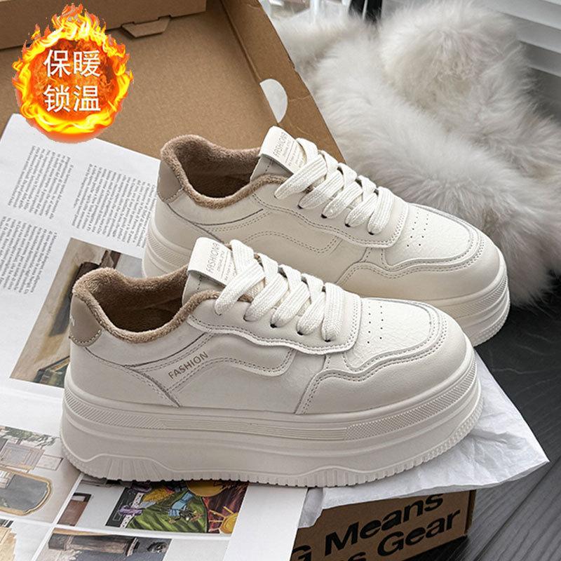 First layer cowhide women's shoes winter new thermal velvet cotton shoes platform white shoes women's height-increasing casual sports shoes