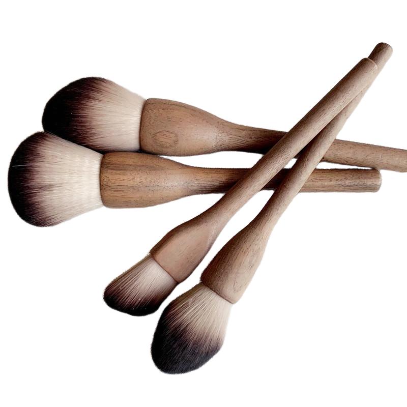 Large Vintage Walnut Wood 6-Piece Face Makeup Powder Brush Set Nylon Vegan Wood Handle Customizable Travel-Friendly Makeup