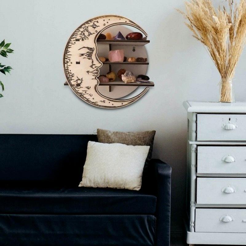 Antyczny, montowany na ścianie kryształowy wyświetlacz Półka w kształcie księżyca Kryształowy stojak, dekoracja ścienna Drewniany stojak Półka na olejki eteryczne Sypialnia