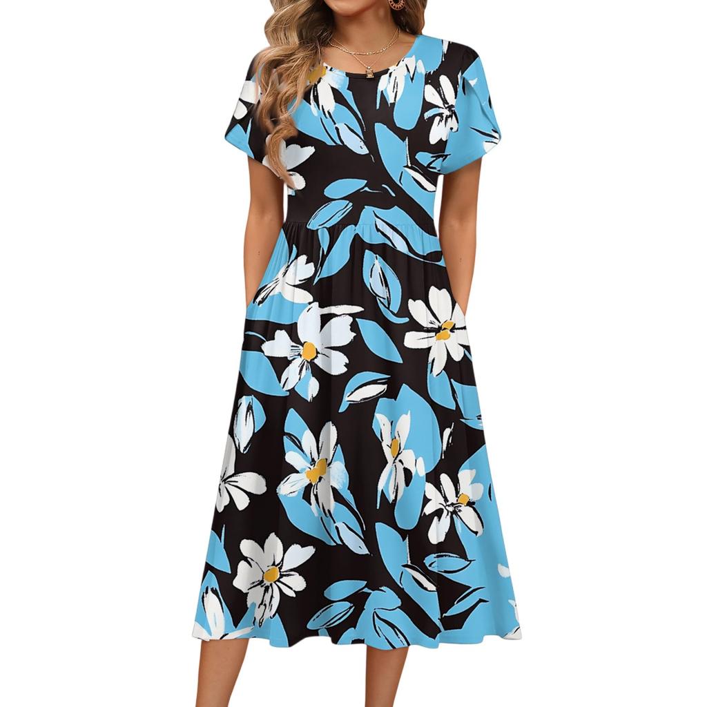 Women's Fashion Summer Round Neck Short Sleeve Floral Printed Beach Dresses