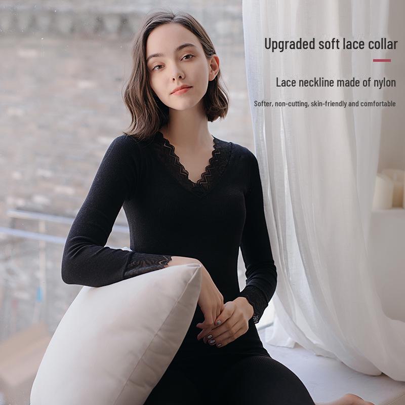 Autumn-Winter Lace Thermal Underwear Set: Seamless, Temperature-Controlled, Plus Velvet Base Sweater & Trousers for Women.