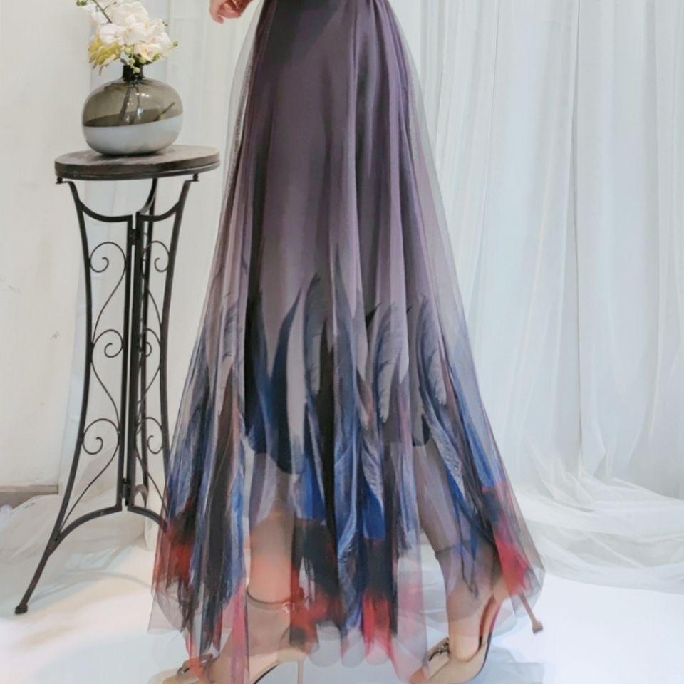 

Модная сетчатая юбка с принтом перьев, расклешенная полуюбка трапециевидной формы в градиентном стиле для женщин one size