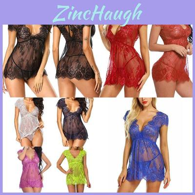 Luxurious Women Eyelash Lace Sexy Lingerie See-through Babydoll Sleepwear Dress T-back Set For Elegant Nights