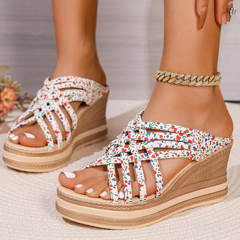 Fashion Luxury Women Sandals Floral Print Chunky Platform Women Shoe Plus Size Cross Strap Open Toe Sandals Ladies Non Slip Wedge Sandal