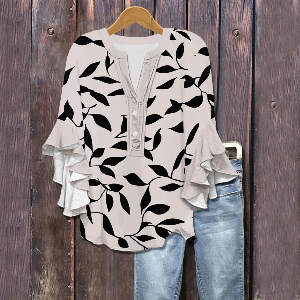 Women's Summer Tops V Neck Three-quarter Sleeves Floral Print Flowing Ruffle Sleeves Half-button Shirt