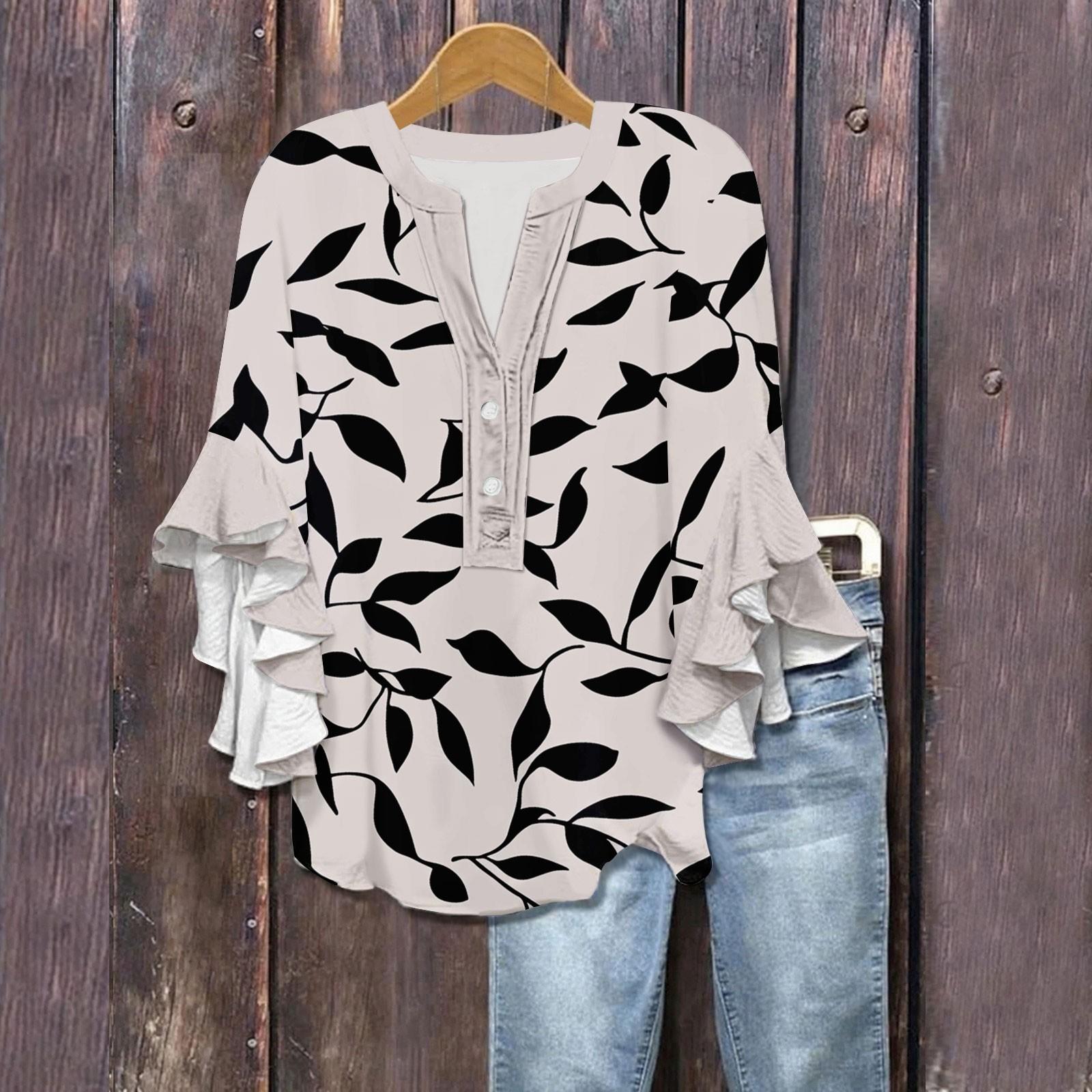

Женские летние топы с V-образным вырезом, рукавами три четверти, цветочным принтом, летящими рукавами-рюшами, рубашка на половину пуговиц XL белый