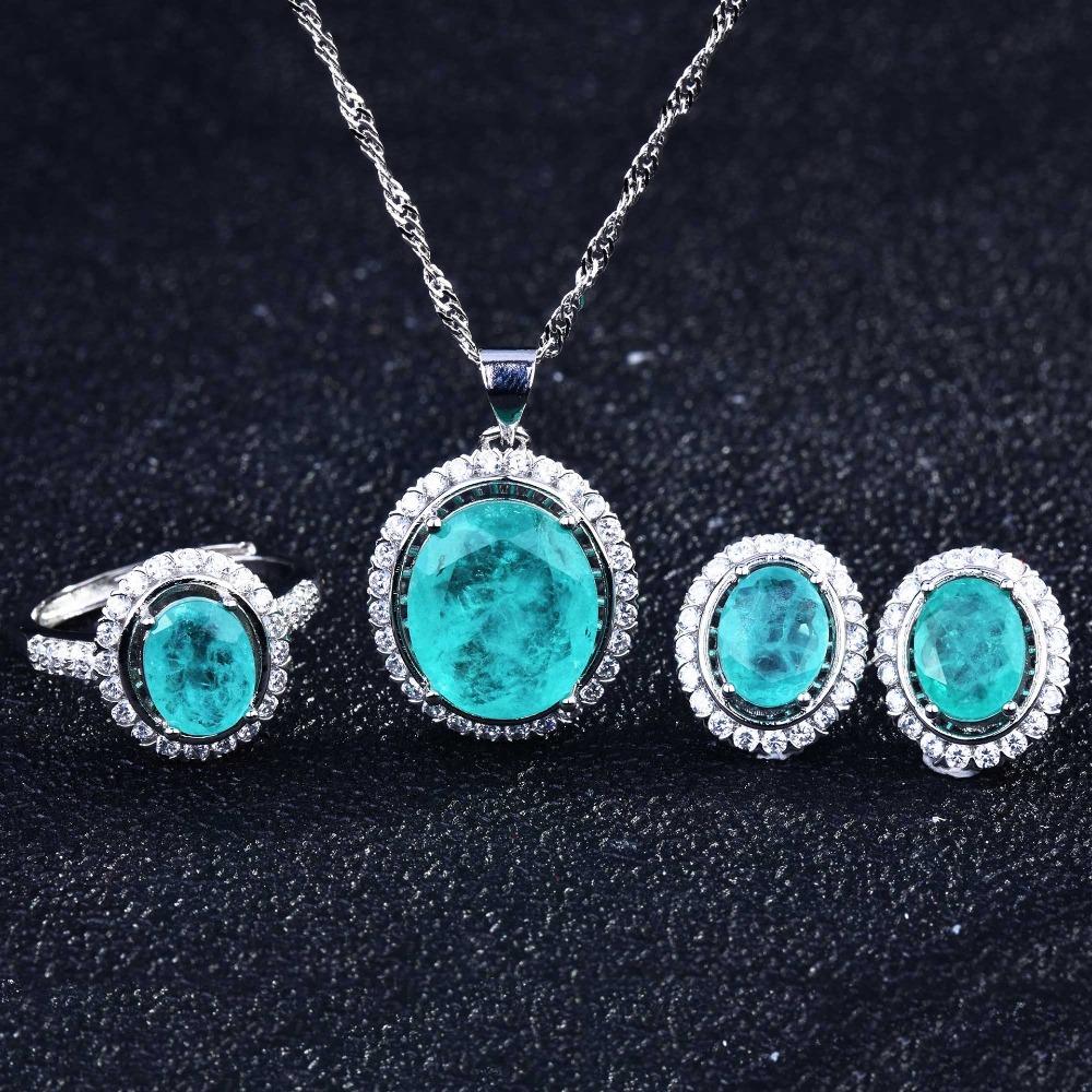 Women Jewelry Set Brazilian Paraiba Style Ring Earring Necklace Accessories