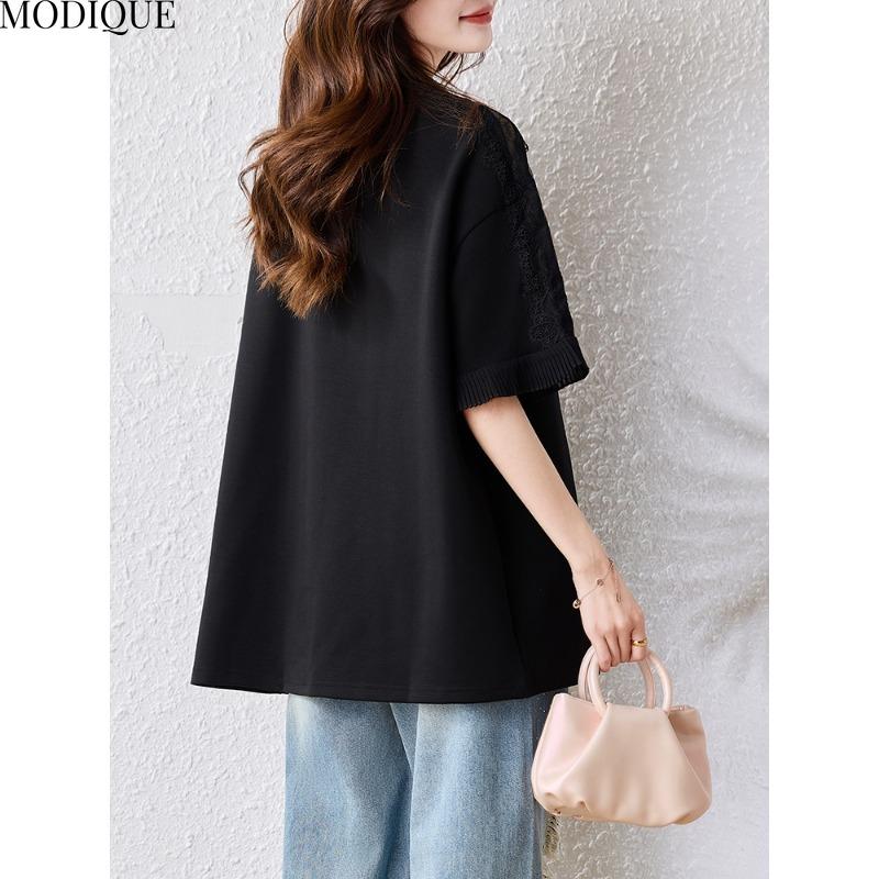 MODIQUE Spring Summer Plus Size New Women Loose Solid Balck Vintage Fashion Print Blouse Shirts Female Casual Oversize Short Sleeve V-Neck Top