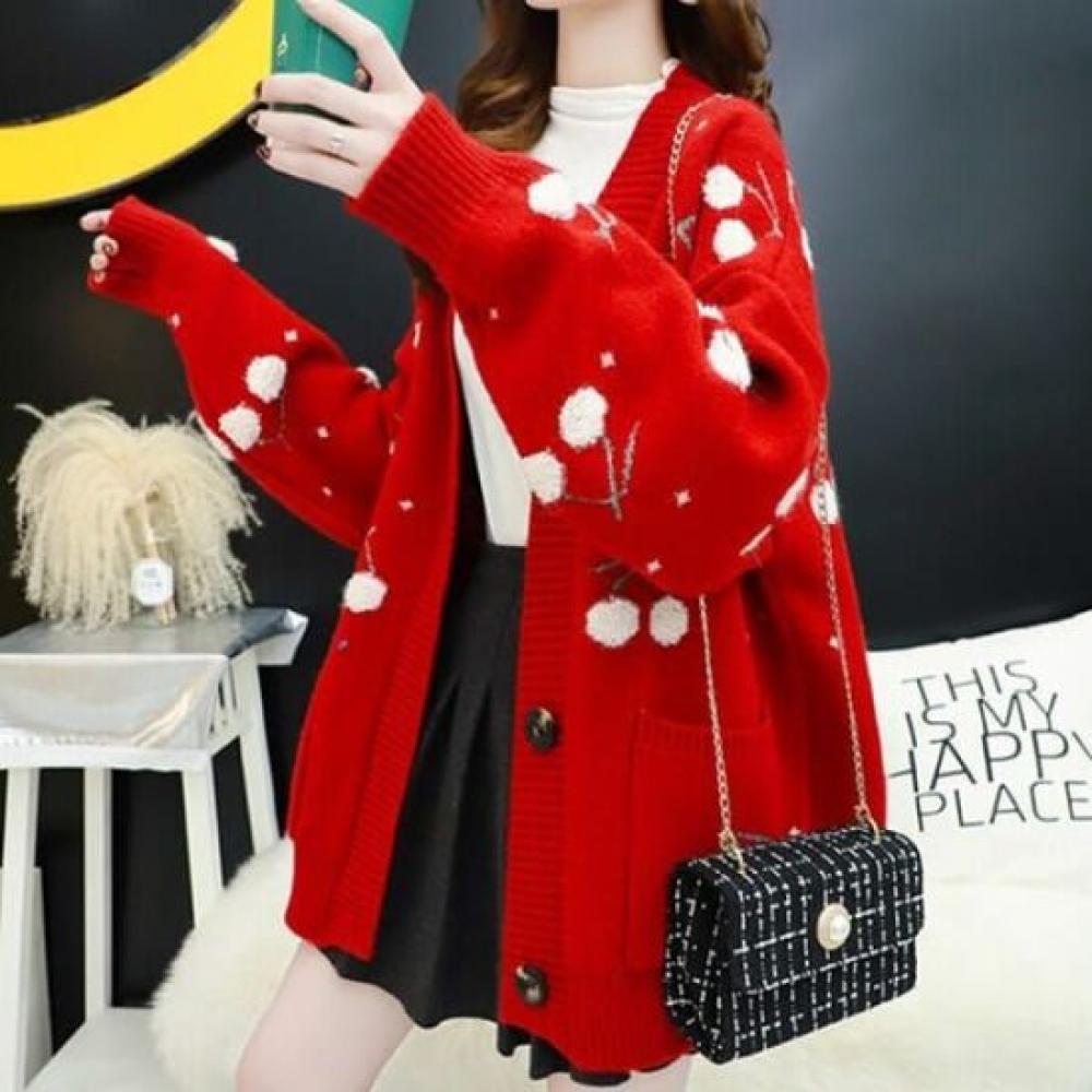 Navava Women Lovely Cherry Long Sleeve Knit Cardigan Nk2429