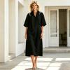 Women’s Loose Fit Linen Midi Dress V Neck Short Sleeve Button Front Casual Oversized Dress with Pockets for Everyday Wear