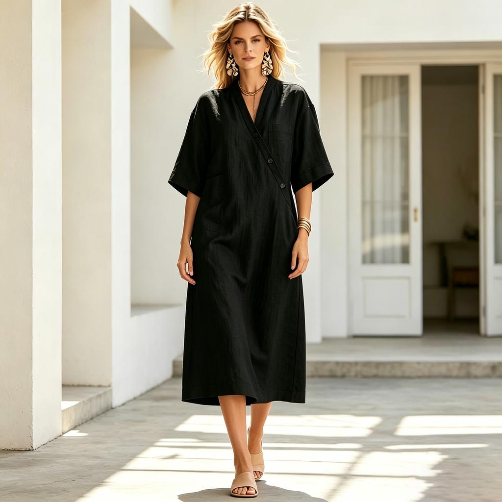 Women’s Loose Fit Linen Midi Dress V Neck Short Sleeve Button Front Casual Oversized Dress with Pockets for Everyday Wear