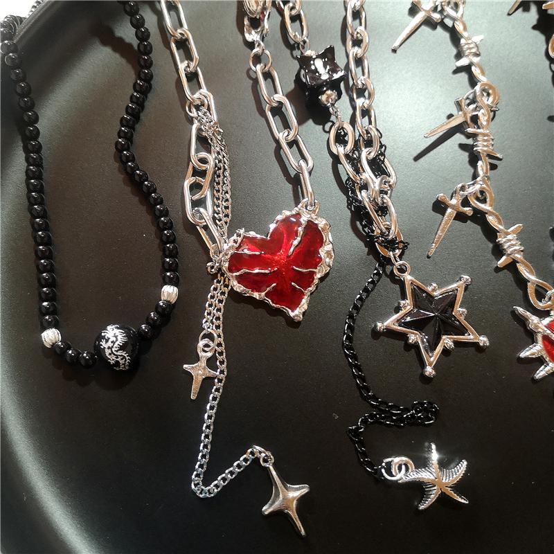 Goth Black Cross Pentagram Red Thorns Heart Pendant Chain Necklace For Women Men Grunge Punk Halloween Jewelry Y2K Accessories