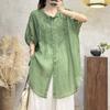 Chemise en lin mélangé brodée pour femme coupe ample manches courtes boutonnée blouse