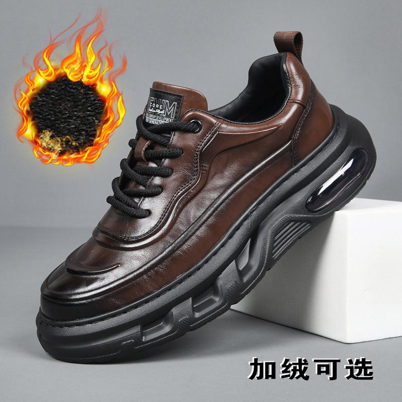Men's top layer cowhide sports high-end business shoes with winter velvet men's casual leather shoes