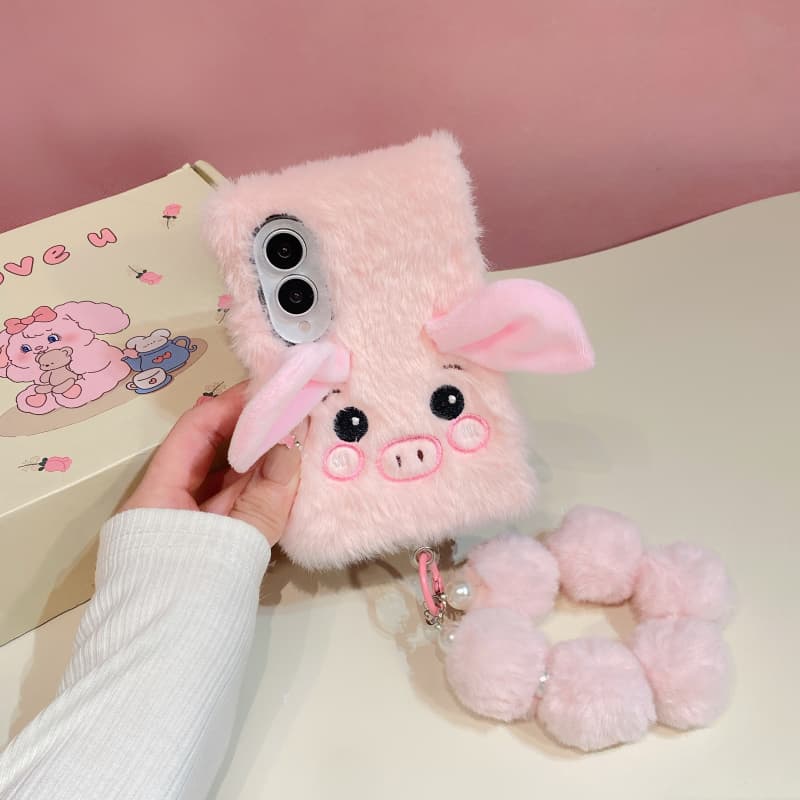 Kawaii Cartoon Plush Pig Phone Case For Samsung Z Fold 8 Ultra 7 6 5 4 ZFold8 Fold7 Fold6 Cover with Chain Fur Fluffy Cute Cases