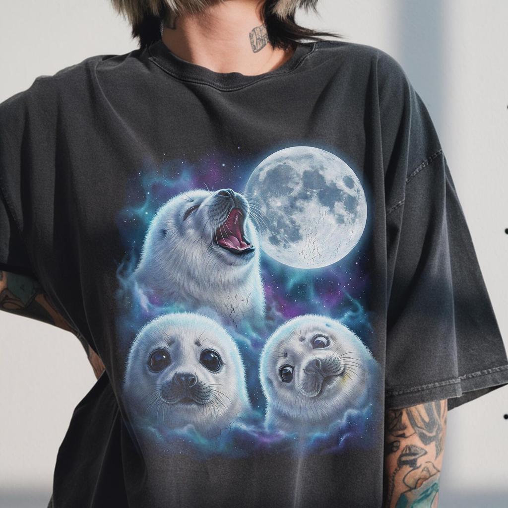 Three Baby Seal Moon Shirt, Vintage 90s Graphic Tee, Harp Pup Gift T-Shirt