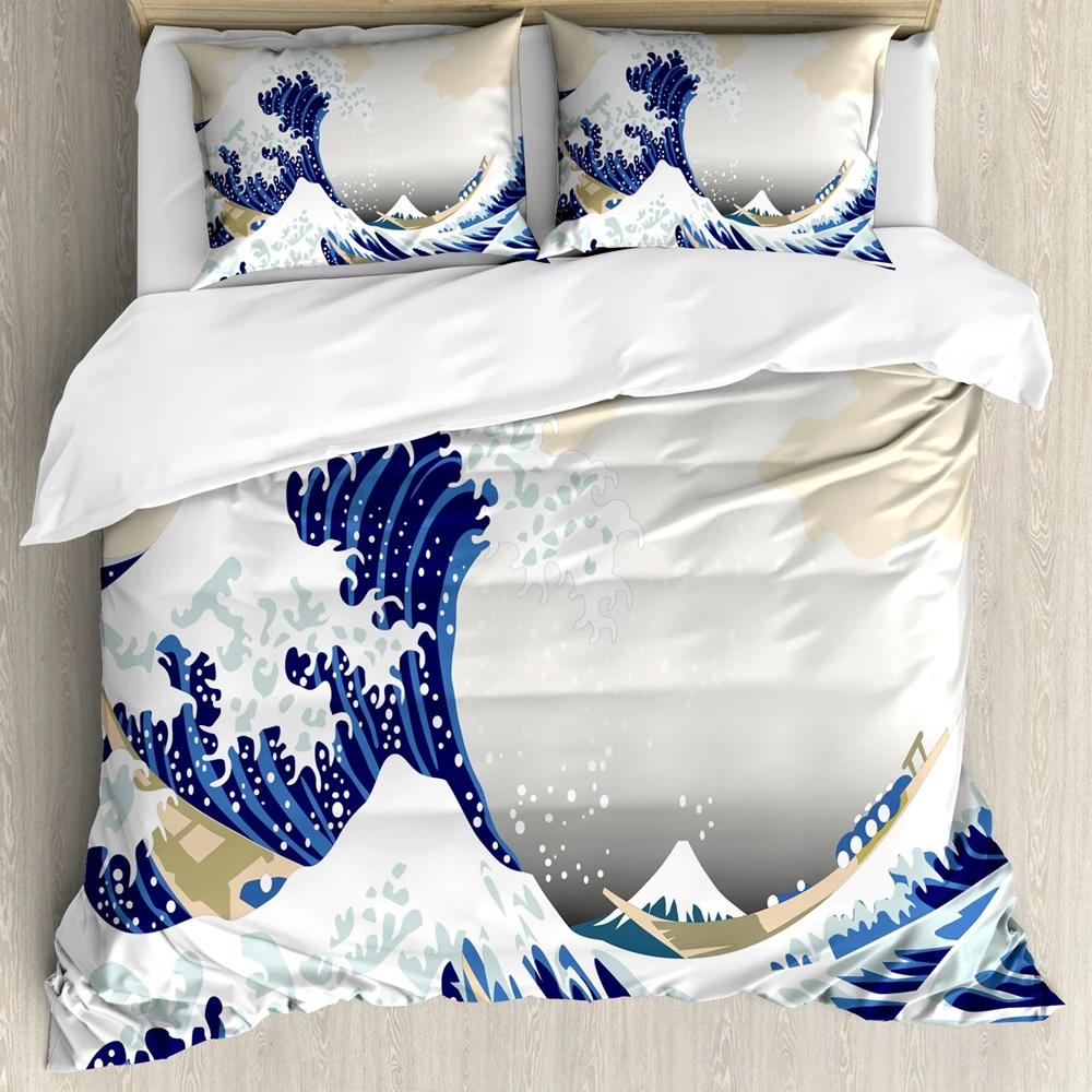 Japanese Wave Duvet Cover Set Sea Storm In Japan Traditional Drawing Foamy WavesBedding Set Full SizeEarth Yellow Dark Blue