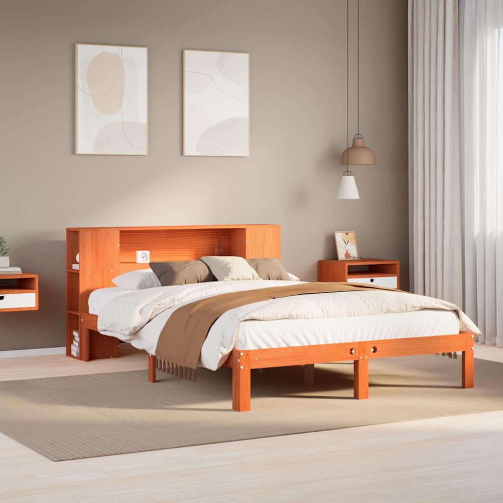 Solid Wood Bed with Shelf Without Mattress Wax Brown 135 x 190 cm