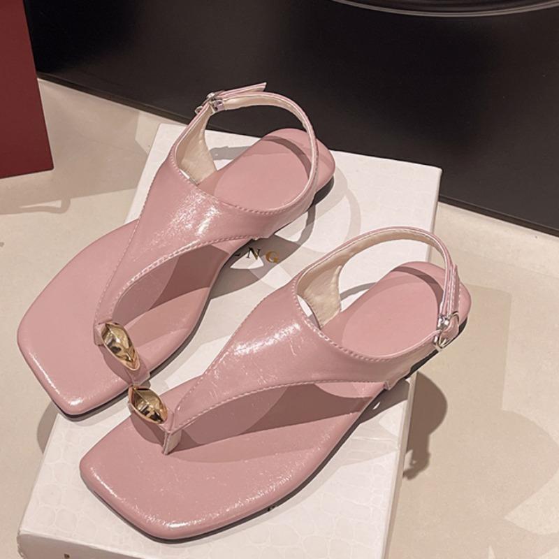 Low Heel Sandals Summer New Square Head Metal Buckle Head Soft Sole Anti-slip Wear-resistant Flat Shoes