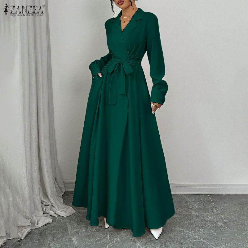 ZANZEA Damen Revers Elegant Langarm Lässig A-Linie Langes Kleid