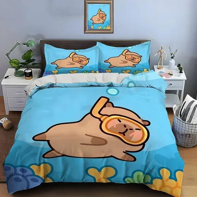 Cute Cartoon Capybara Print Bedding Set Duvet Cover 1 Duvet Cover 2 Pillowcases Adult and Children Bedding Set Christmas Gifts