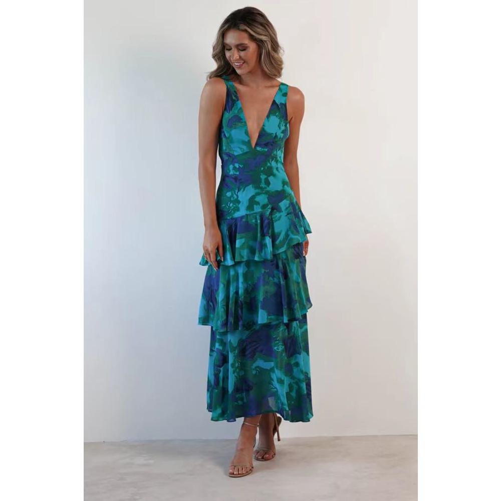 Dames V-hals Mouwloze Bloemenprint Maxi Jurk Middelhoge Taille Elegante Ruche Jurk