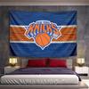 Bold Orange Basketball Logo with Blue Background and Horizontal Stripe. Patterned Tapestry for Bedroom and Living Room Home Decor