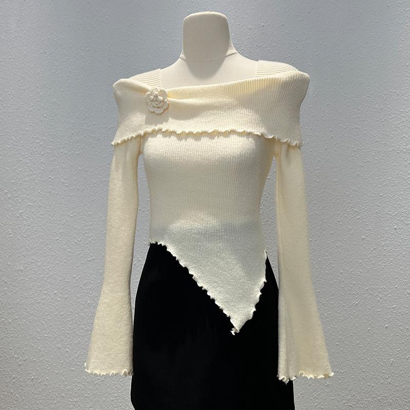 

Дизайнерский вязаный свитер с длинными рукавами женский осенний сексуальный темперамент с открытыми плечами базовая рубашка неправильный топ one size fits all абрикосовый