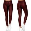 High Waist PU Leather Slim Fit Casual Pants Women Black Blue Burgundy Stretch Fitted Trousers