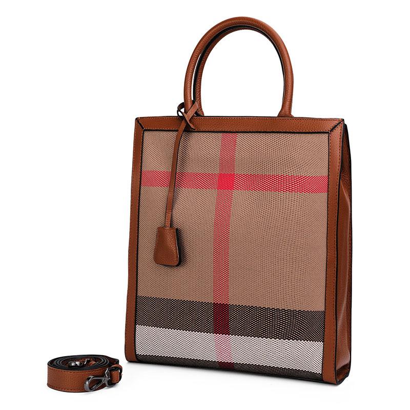 Classic Retro Handbags Fashion Casual Tote Plaid Canvas Luxury Shoulder Bag Genuine Leather Crossbody Bag For Ladies