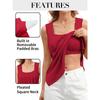 CHARMLEAKS Tank Top Built In Bras for Women Summer Pleated Square Neck Tops Flowy Sleeveless Shirts
