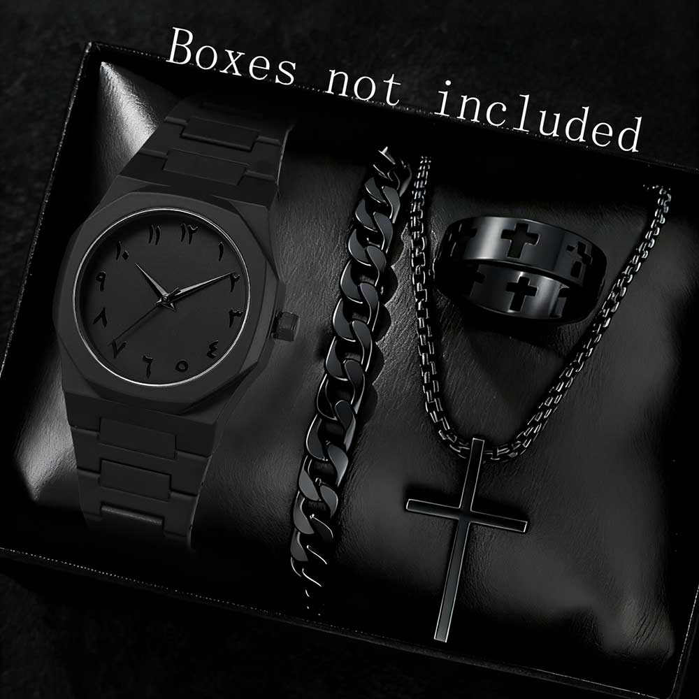 2/4 Stück Schwarzes Herren-Uhren-Set Modetrend Business-Quarz-Uhr Schmuck-Set Geeignet für den täglichen Kleider-Mix Perfektes Geschenk