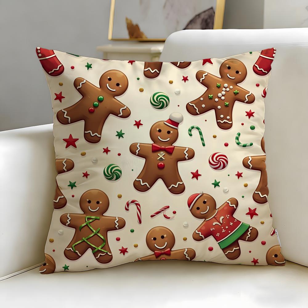Christmas Theme Adorable Ginger Bread Cushion Cover Soft & Easy-Wash Pillow Case – Versatile for Couch, Bed, Travel and Office
